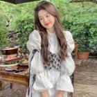 Long-sleeve Asymmetrical A-line Shirt Dress / Floral Vest