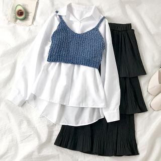 Plain Shirt / Cropped Knit Camisole Top / Layered Midi A-line Skirt