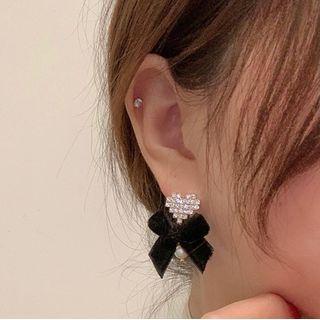 Bow Velvet Heart Rhinestone Faux Pearl Earring