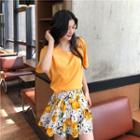 Short-sleeve Ribbon Back T-shirt / Printed A-line Mini Skorts