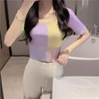 Short-sleeve Color Block Striped Cropped Knitted Top