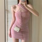 Halter Neck Crinkled Mini Sheath Dress