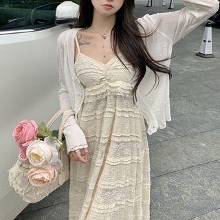 Pointelle Knit Cardigan / Spaghetti Strap Lace Midi Smock Dress