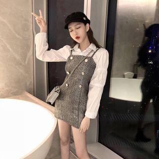 Plain Shirt / Tweed Mini Sheath Pinafore Dress