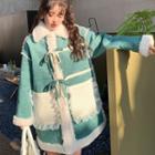 Ruffled Front Pocket Furry Trim Lace-up Coat