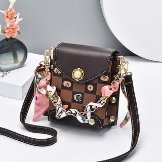 Checker Print Flap Studded Crossbody Bag