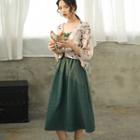 Set: Sleeveless Lace Trim A-line Dress + 3/4-sleeve Printed Chiffon Light Jacket
