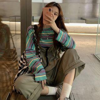 Set : Striped Long-sleeve T-shirt + Dungaree Pants