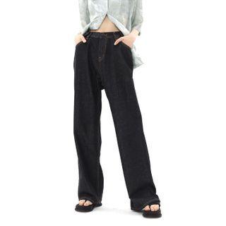 Adjustable-waist Wide-leg Jeans Black - One Size