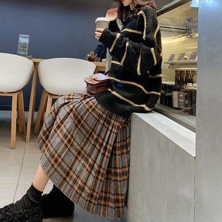 Set: Striped Sweater + Midi Accordion Pleat Plaid A-line Skirt