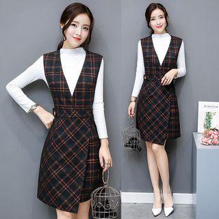 Set: Mock Neck Knit Top + V-neck Plaid Wrapped Jumper Skirt