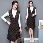 Set: Mock Neck Knit Top + V-neck Plaid Wrapped Jumper Skirt
