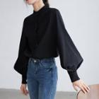 Bishop-sleeve Stand Collar Buttoned Blouse