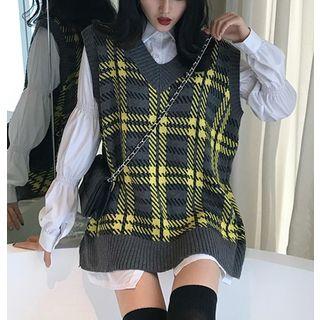 Set: Plaid Knit Vest + Long Shirt As Shown In Figure - One Size