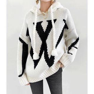 Letter Oversize Knit Hoodie Ivory - One Size