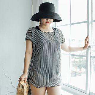 Set: Plain Swimsuit + Short-sleeve Cover-up