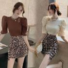 Elbow-sleeve Knit Top / Leopard Print Mini Fitted Skirt