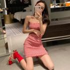 Check Off-shoulder Slim-fit Dress