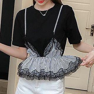 Mock Two-piece Lace Panel Short-sleeve Top