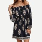 Off-shoulder Print Long-sleeve Dress