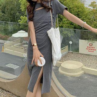 Short-sleeve Cut-out Side-slit Mini T-shirt Dress