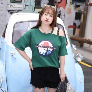 Cold-shoulder Short-sleeve Cartoon Print T-shirt