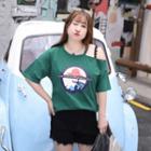 Cold-shoulder Short-sleeve Cartoon Print T-shirt