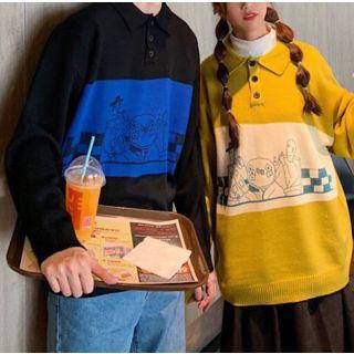 Couple Matching Cartoon Print Polo-neck Sweater
