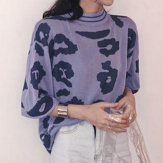 Elbow-sleeve Leopard Pattern Knit Top Purple - One Size