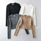 Long Sleeve Plain Ribbed-knitted Crop Sweater