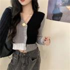 Color Block V-neck Cardigan Black & White & Gray - One Size