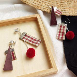 Non-matching Plaid Strap Pompom Wooden Triangle Dangle Earring