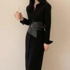 Button Long-sleeve Midi Knit Dress With Belt
