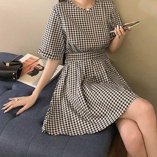Gingham Cutout-back Mini A-line Dress