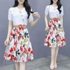 Set: V-neck Blouse + Floral Midi A-line Skirt