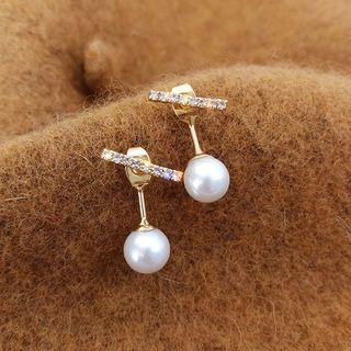 Rhinestone Bar Faux Pearl Drop Earring