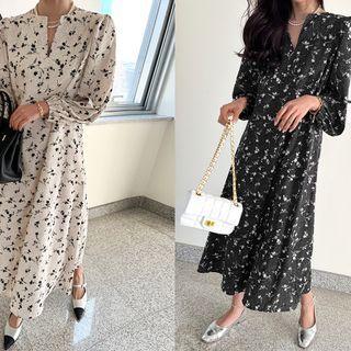 Balloon-sleeve Notch-neck Floral Long Dress