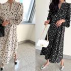 Balloon-sleeve Notch-neck Floral Long Dress