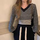 Long-sleeve V-neck Striped Cropped Sweater Black - One Size