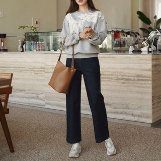 Pintuck Stitched Wide-leg Jeans