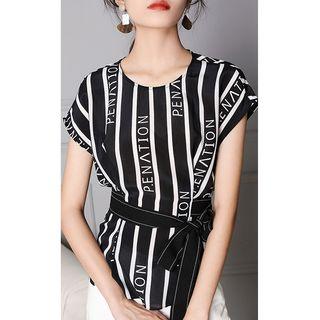 Lettering Sleeveless Silk Top With Sash