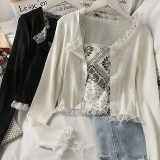 Sleeveless Printed Crop Top / Lace-trim Light Knit Cardigan