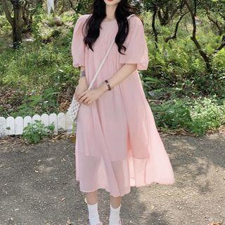Short-sleeve Open-back Midi Smock Dress Pink - One Size