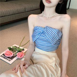 Gingham Tie-front Tube Top Gingham - Blue - One Size