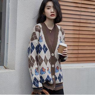 Argyle Print Sweater Blue & Dark Brown Argyle - Beige - One Size