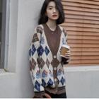 Argyle Print Sweater Blue & Dark Brown Argyle - Beige - One Size