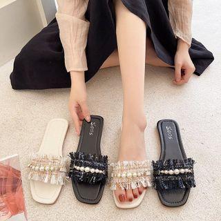 Faux Pearl Fray Hem Tweed Flat Slide Sandals