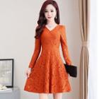 Long Sleeve V-neck Lace A-line Dress