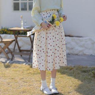 Floral Midi A-line Skirt Coffee Dotted - White - One Size