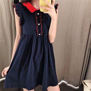 Ruffle Trim Sleeveless A-line Dress Navy Blue - One Size